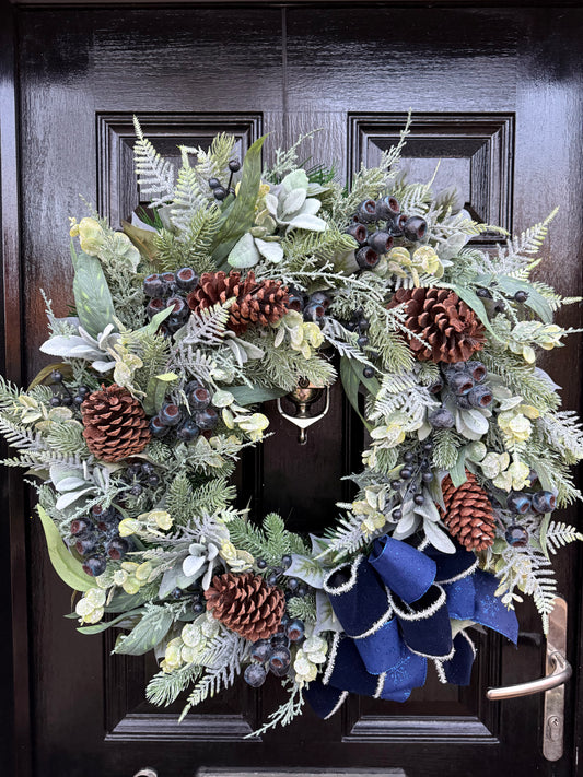 65cm DELUXE WINTER FROSTED FOLIAGE BLUBERRY WREATH