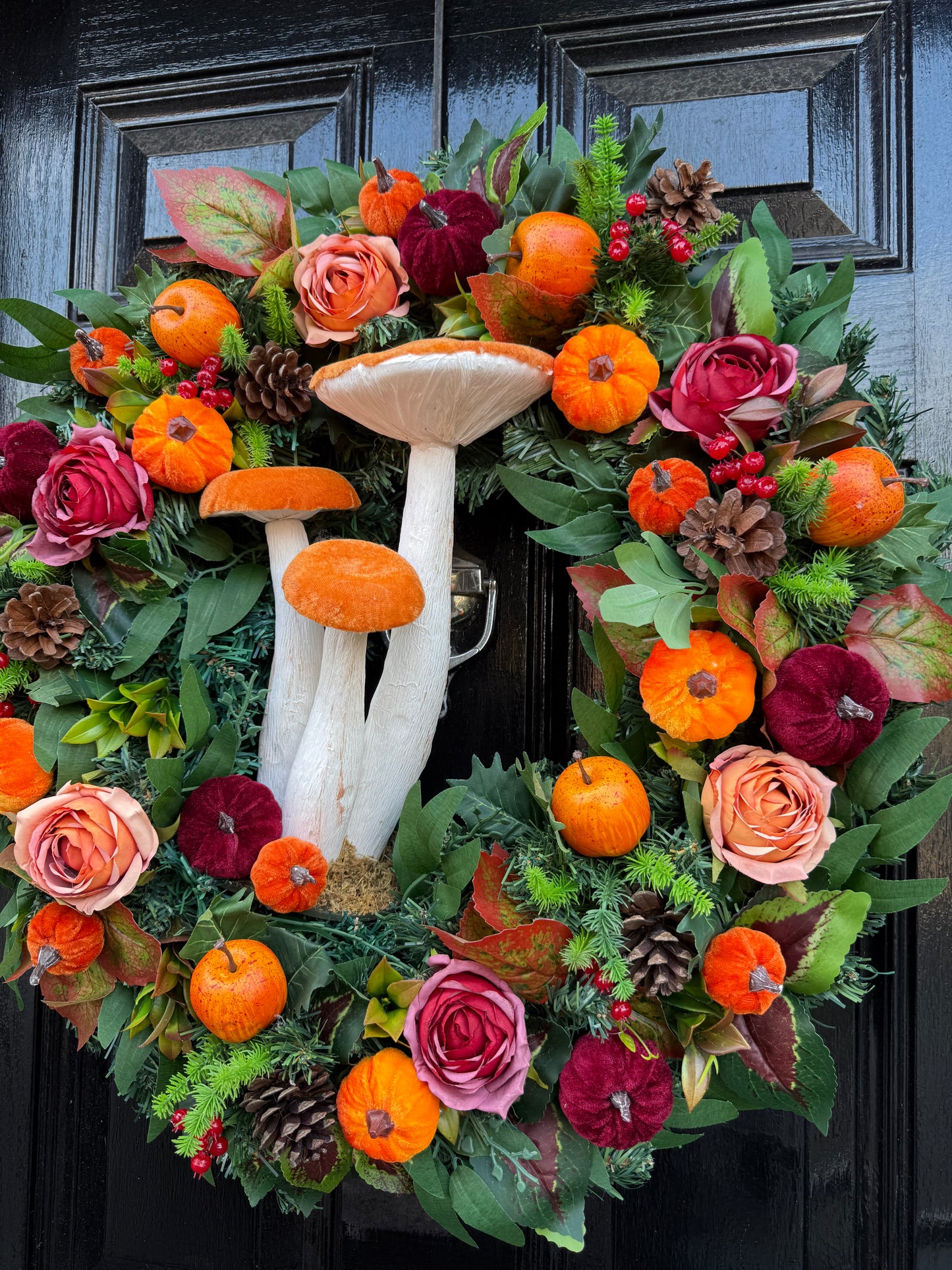 60cm DELUXE GIANT ORANGE BURGUNDY TOADSTOOL  WOODLAND MIXED FOLIAGE AUTUMN WREATH