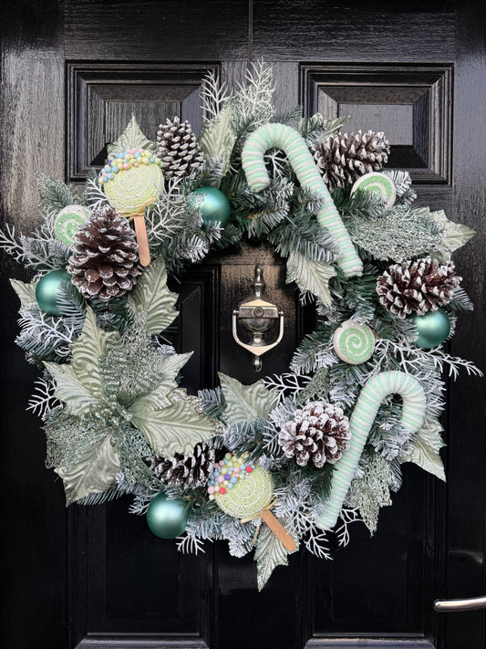 60cm FROSTED PASTEL GREEN WHITE CANDY POP WREATH - IMMEDIATE DESPATCH