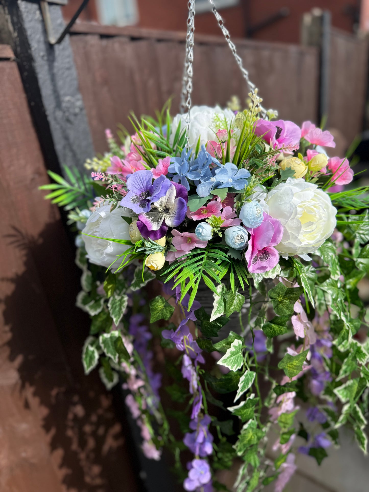 **NEW** DELUXE XL HANGING BASKET IVORY PEONY / PASTEL MIXED 12 INCH BROWN CONE