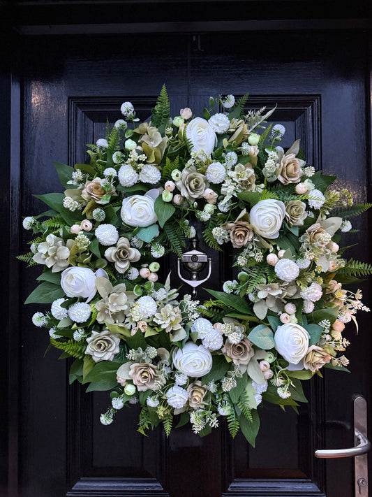 65cm DELUXE IVORY PEONY / SAGE GREEM MIXED FOLIAGE WREATH