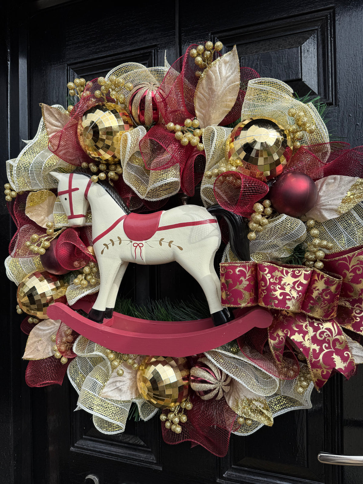 65cm TRADITIONAL DELUXE ROCKING HORSE WREATH BURGUNDY/GOLD