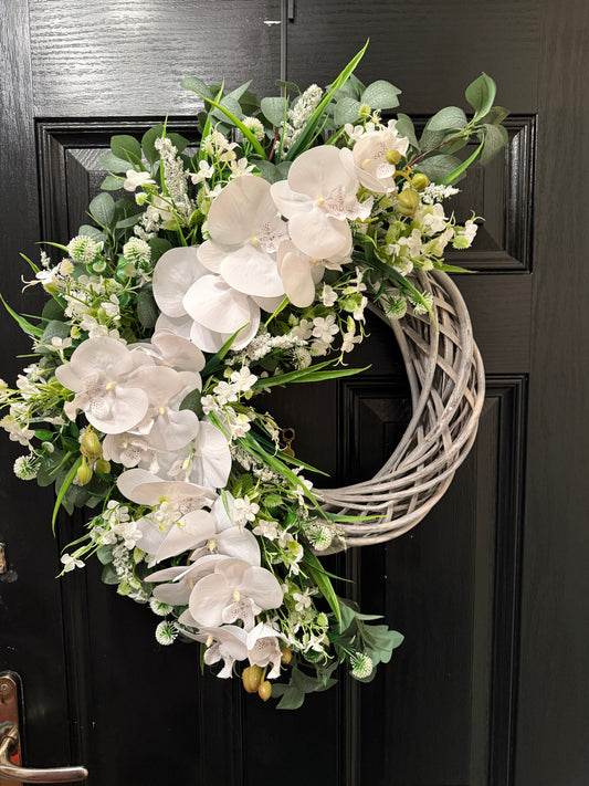 NEUTRAL FOLIAGE DELUXE WHITE ORCHID ANY SEASON WICKER WREATH