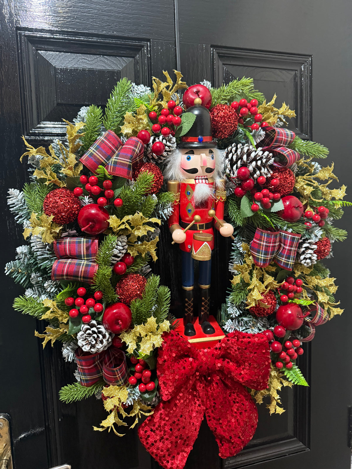 60cm DELUXE TARTAN SEQUIN BOW NUTCRACKER GOLD BLUE RED WREATH - IMMEDIATE DESPATCH