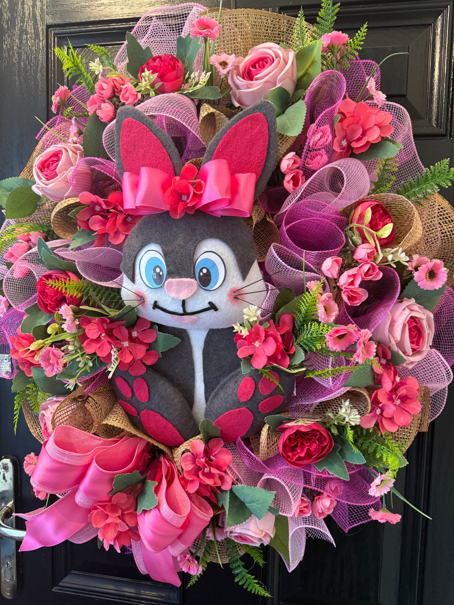 GIANT DELUXE HOT PINK BUNNY FOLIAGE FLOWER EASTER WREATH