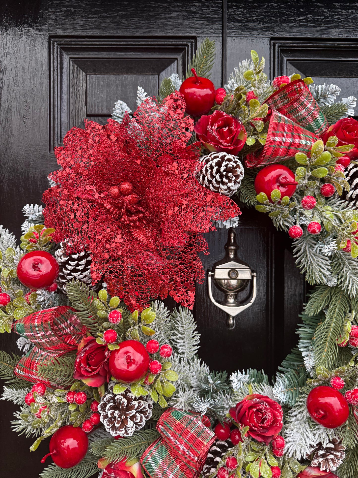 60cm DELUXE WREATH & 6FT MATCHING GARLAND - FOLIAGE TRADITIONAL APPLE FROSTED ROSE BERRY - 2 WEEKS DESPATCH