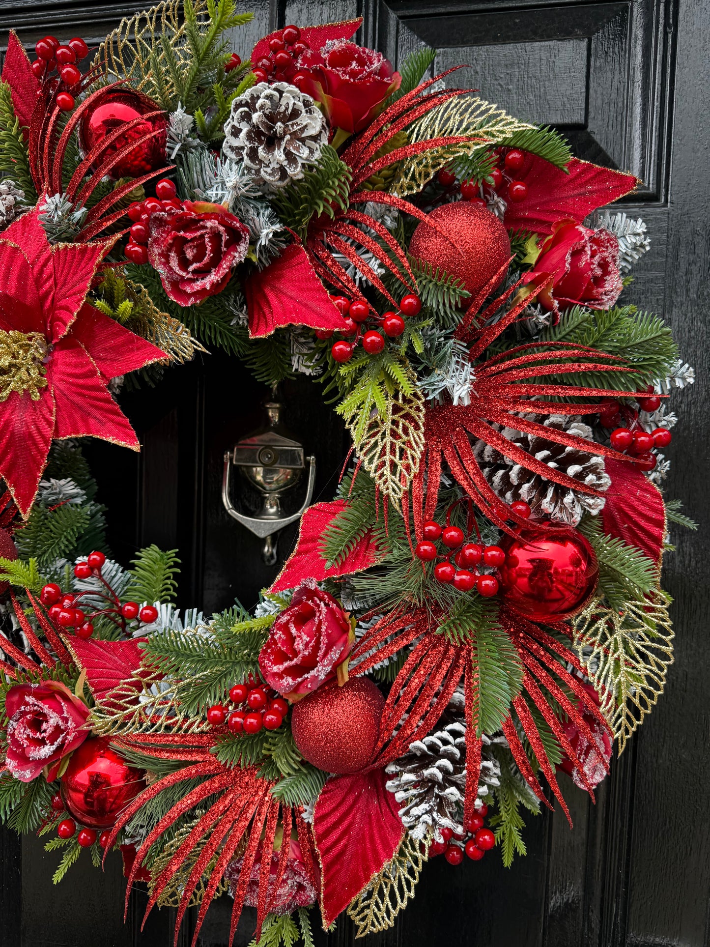 65cm DELUXE RED GOLD POINSETTIA GLITTER FOLIAGE  WREATH - IMMEDIATE DESPATCH