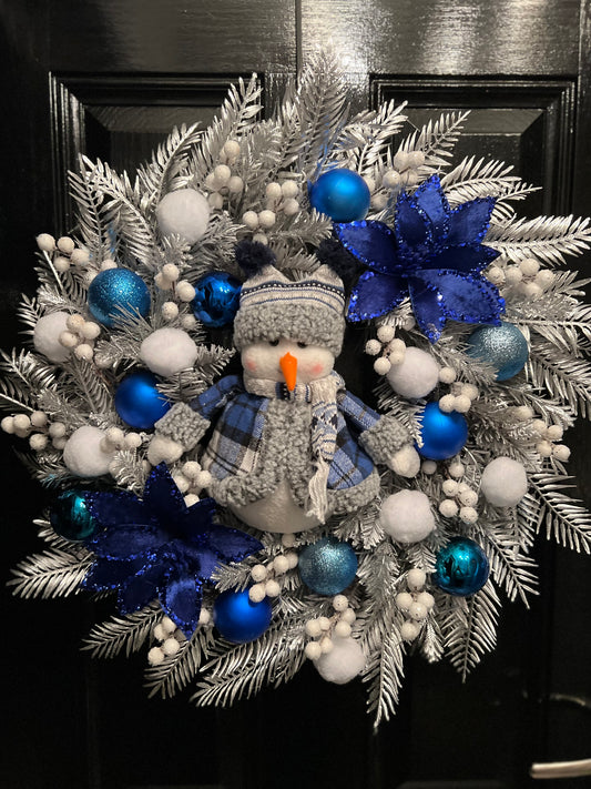 60cm SNOWMAN SNOWBALL BLUE/SILVER DELUXE WREATH - IMMEDIATE DESPATCH