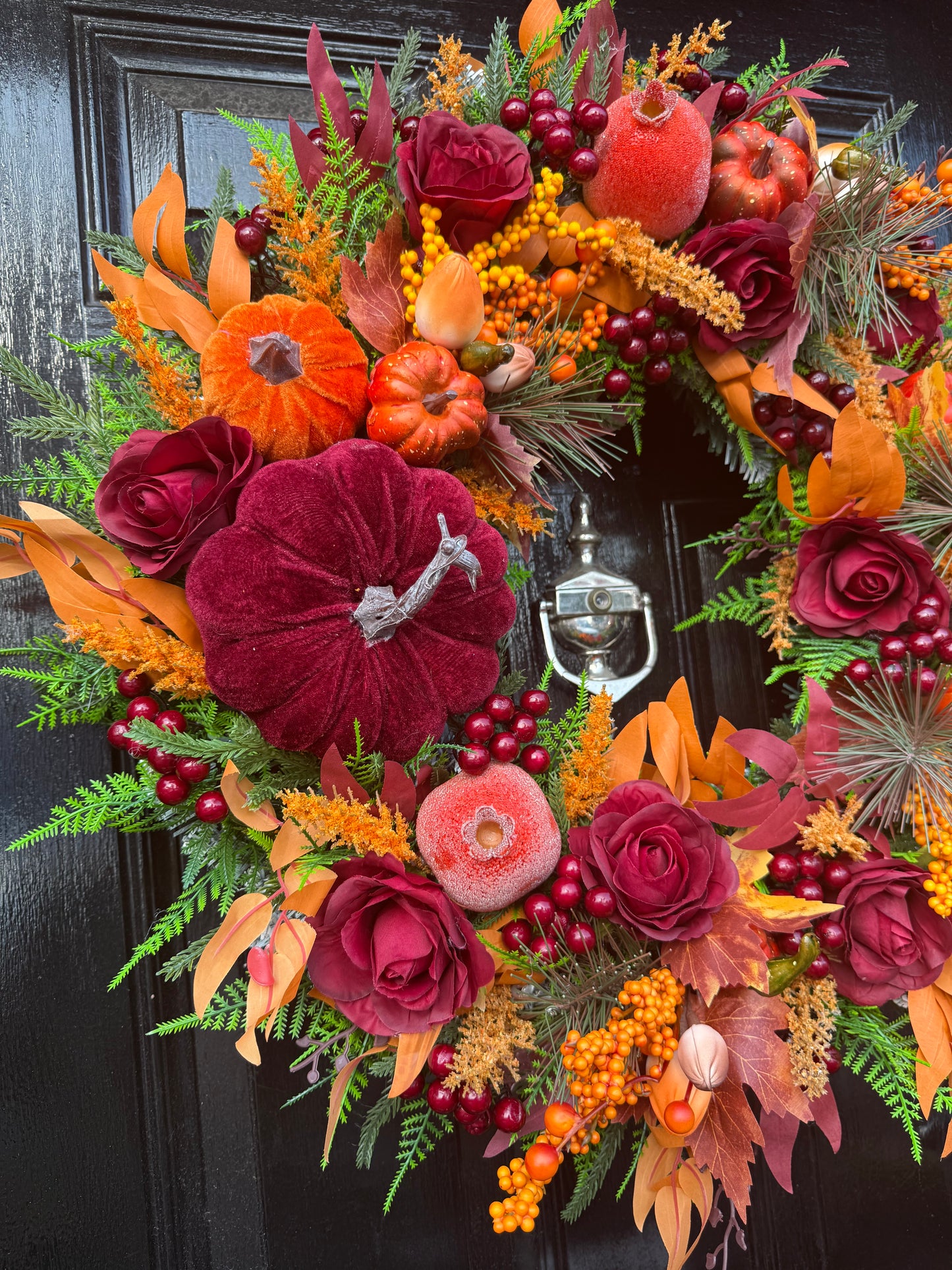 60cm DELUXE BURGUNDY ORANGE PUMPKIN WOODLAND MIXED FOLIAGE AUTUMN WREATH