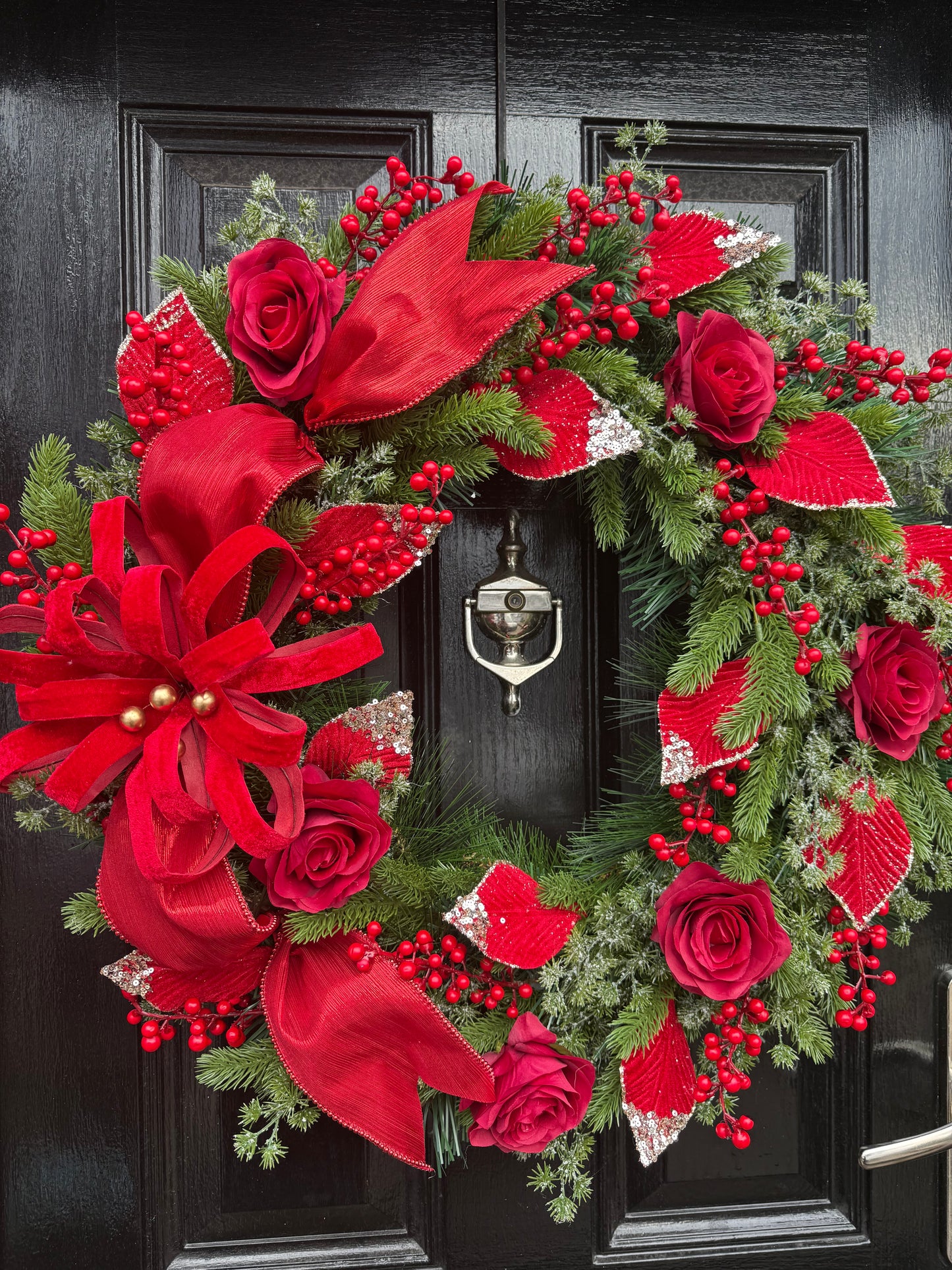 65CM DELUXE FOLIAGE RED TRADITIONAL FLOWER BURST  WREATH - IMMEDIATE DESPATCH