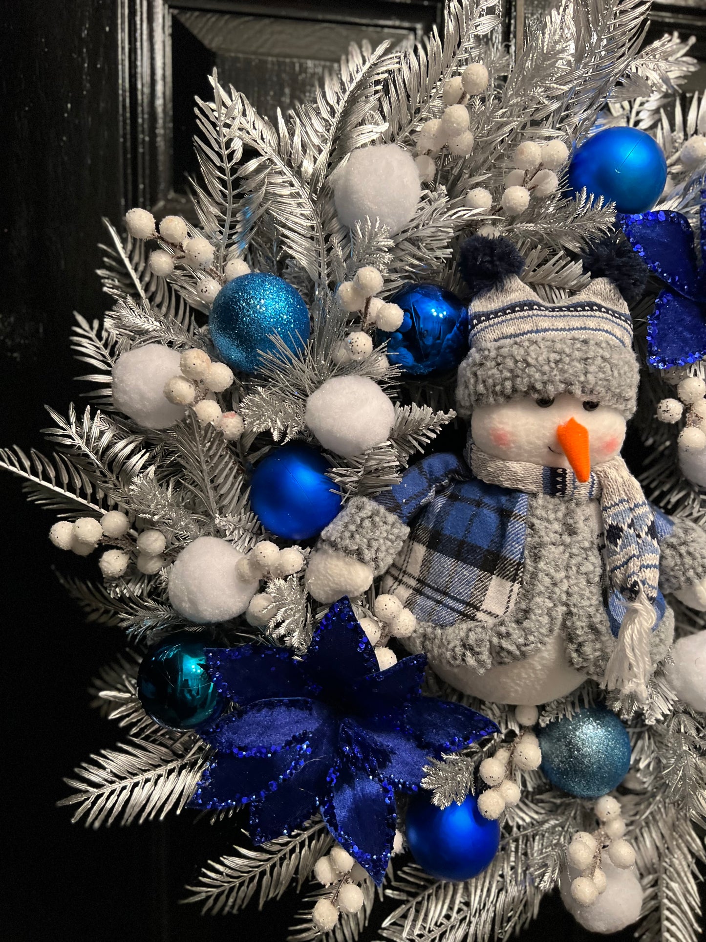 60cm SNOWMAN SNOWBALL BLUE/SILVER DELUXE WREATH - IMMEDIATE DESPATCH