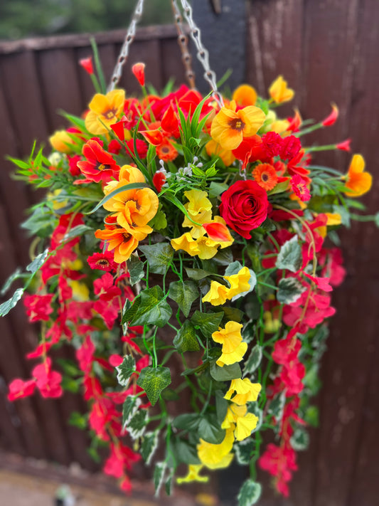 DELUXE XL HANGING BASKET ORANGE/RED/YELLOW 12 INCH CONE