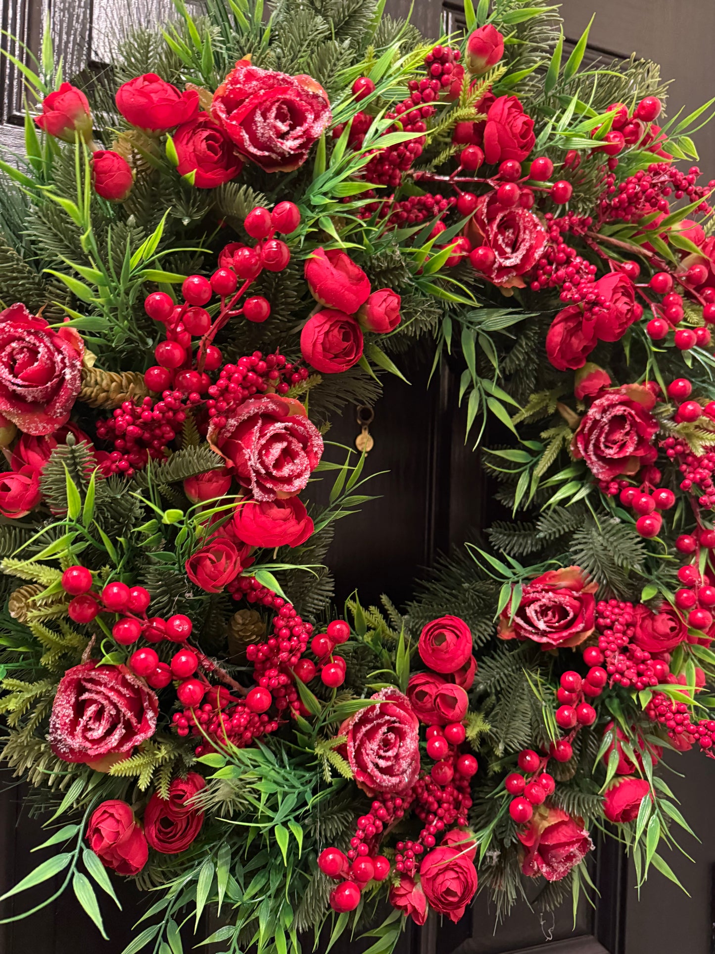 65cm SUPER DELUXE WINTER RED ROSE VERY BERRY FULL FOLIAGE WREATH