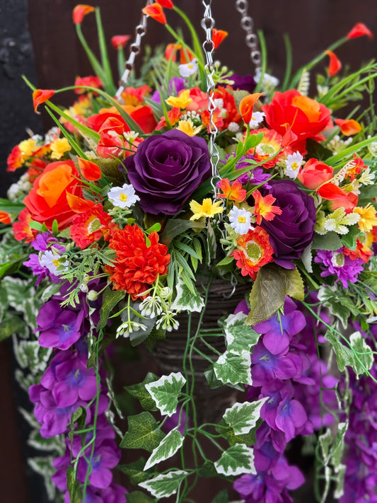**NEW** DELUXE XL HANGING BASKET PURPLE/ORANGE MIX 12 INCH CONE