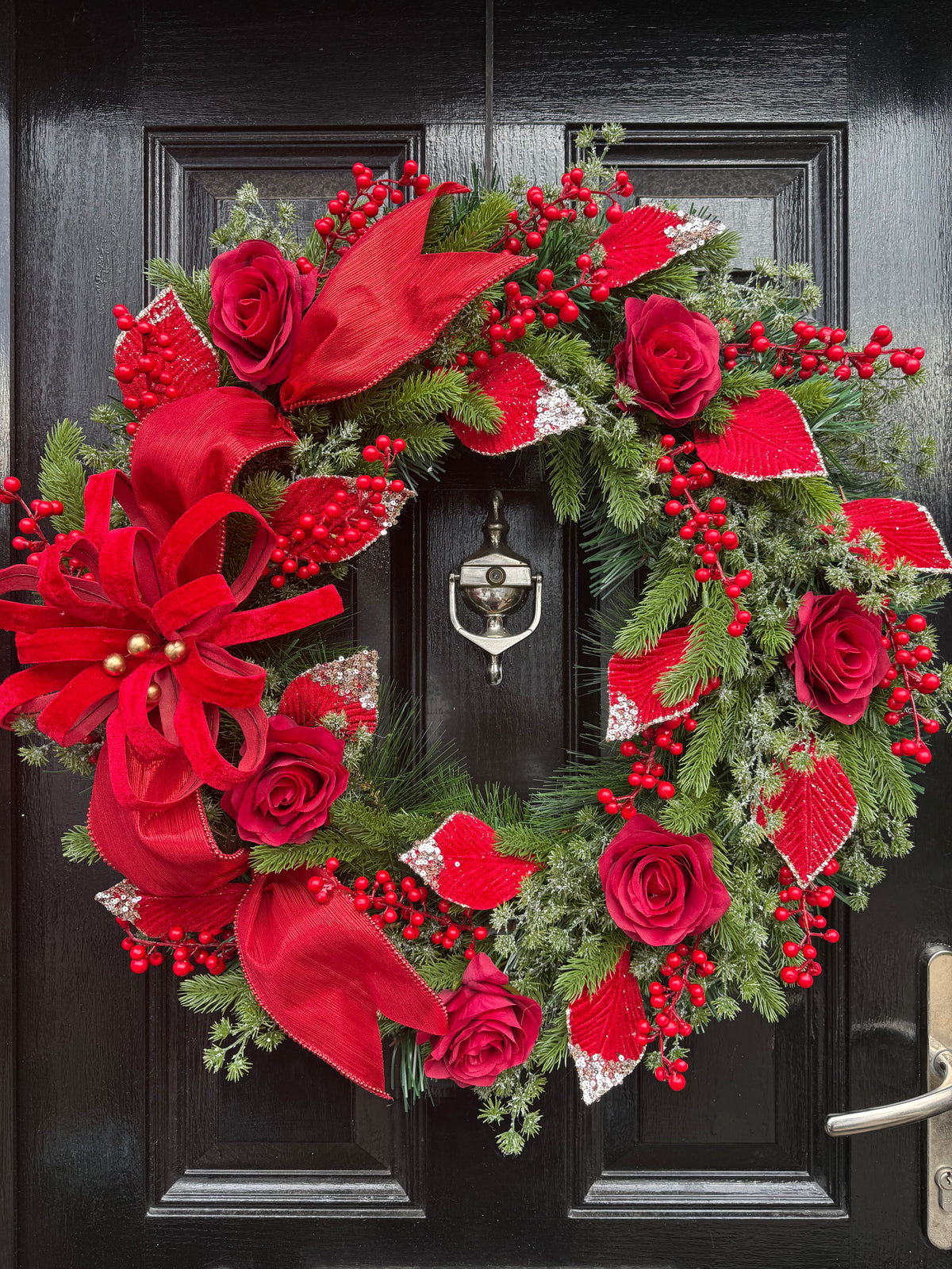65CM DELUXE FOLIAGE RED TRADITIONAL FLOWER BURST  WREATH - IMMEDIATE DESPATCH