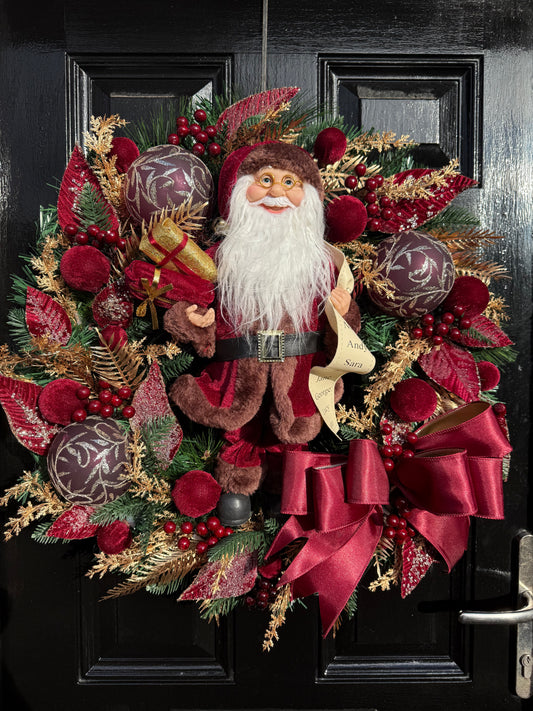 65cm DELUXE TRADITIONAL BURGUNDY & GOLD SANTA MIXED WREATH - IMMEDIATE DESPATCH