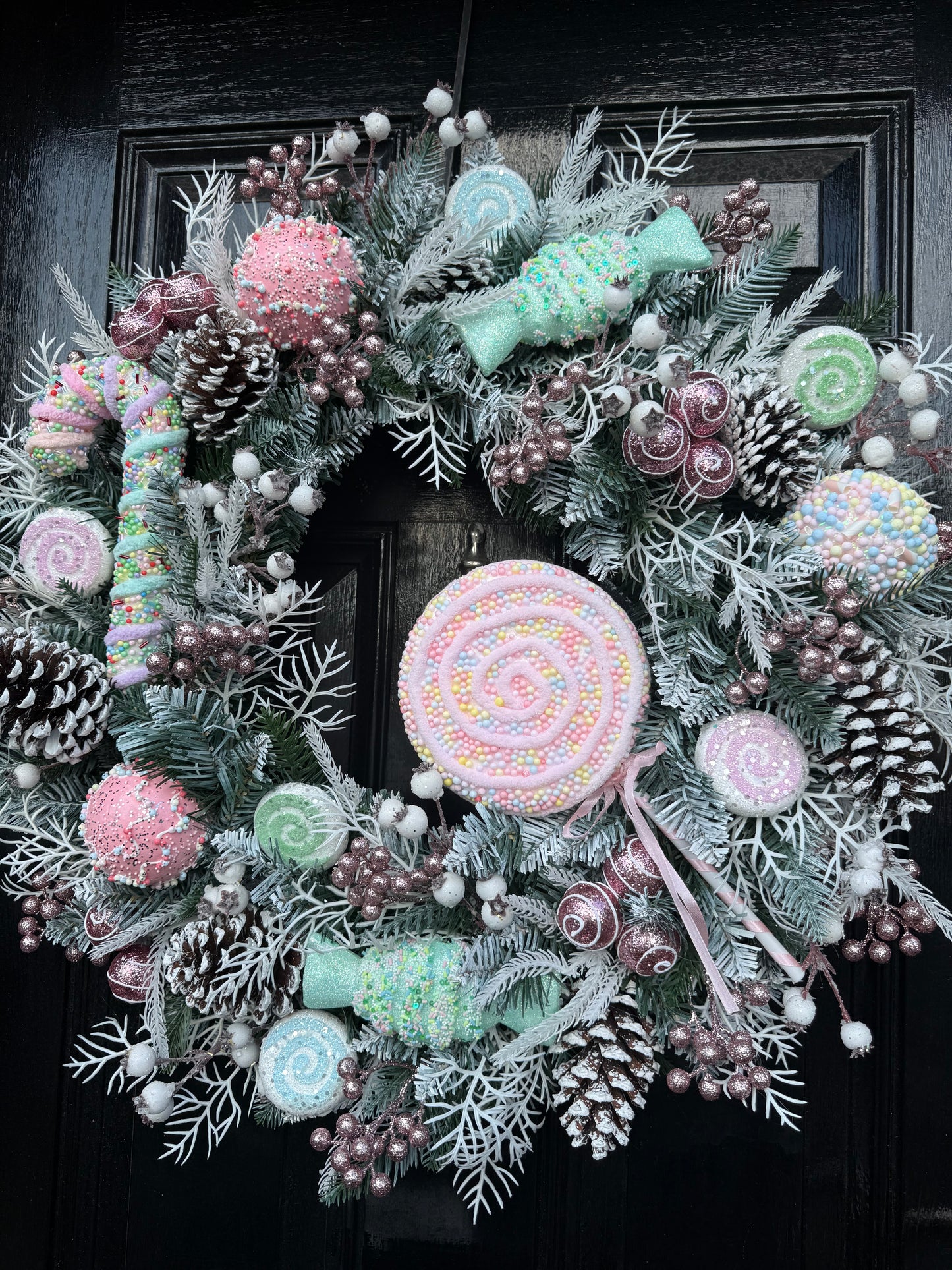 60cm FROSTED PASTEL CANDY CANE MIXED WREATH - IMMEDIATE DESPATCH