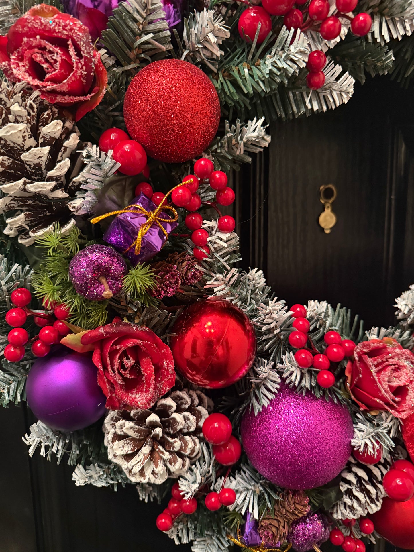 60cm DELUXE FOLIAGE FROSTED BERRY BAUBLE WREATH PURPLE RED - IMMEDIATE DESPATCH