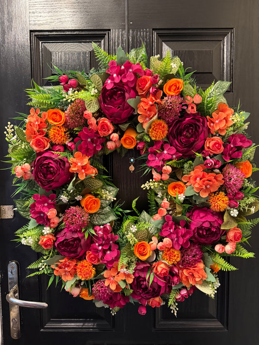 65cm DELUXE DEEP PINKS / ORANGE MIX FOLIAGE WREATH