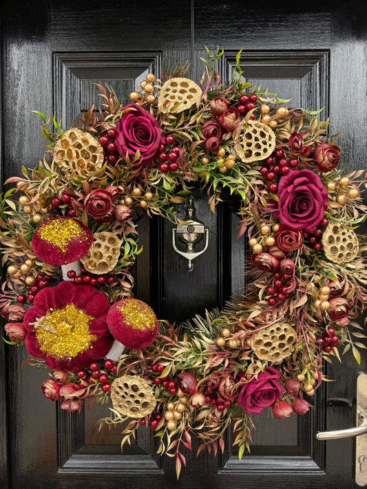 65cm DELUXE XL PUMPKIN GOLD / BURGUNDY GLITTER AUTUMN WREATH