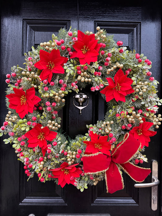 65cm FROSTED WINTER VERY BERRY RED POINSETTIA  MIXED FOLIAGE WREATH