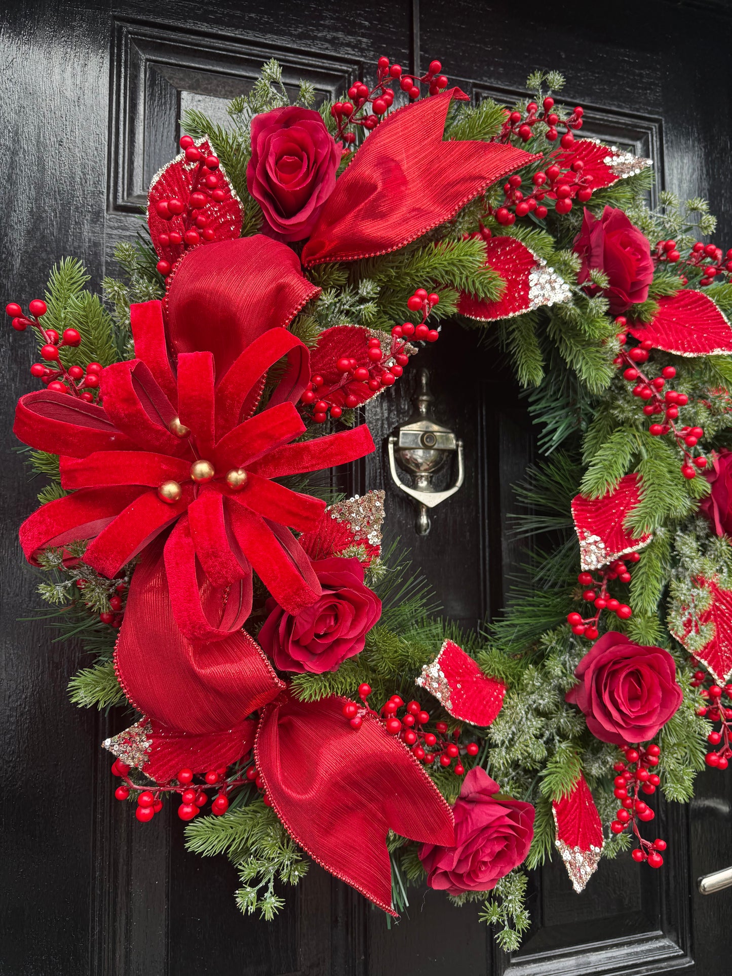 65CM DELUXE FOLIAGE RED TRADITIONAL FLOWER BURST  WREATH - IMMEDIATE DESPATCH