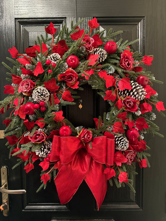 65cm DELUXE NORFOLK PINE VERY BERRY GIANT SHIMMER BOW WREATH - IMMEDIATE DESPATCH