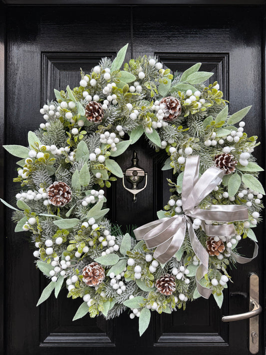 65cm FROSTED WINTER VERY BERRY WHITE MIXED FOLIAGE WREATH