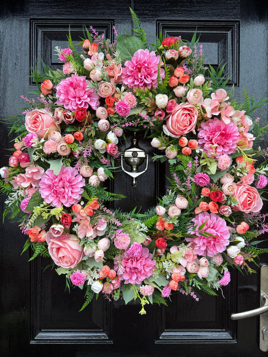 DELUXE PINKS & CORAL MIXED  FOLIAGE WREATH