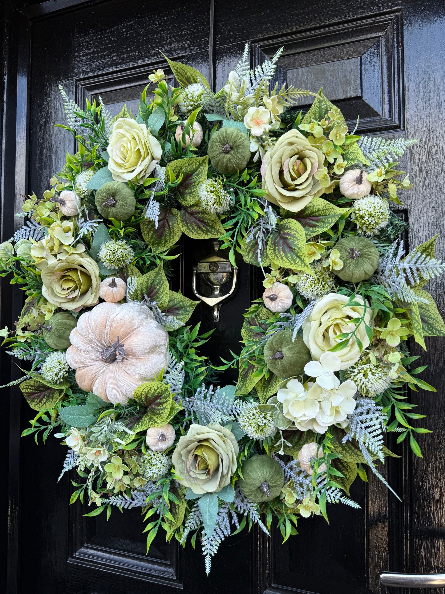 60cm DELUXE SAGE GREEN & IVORY PUMPKIN WOODLAND MIXED FOLIAGE AUTUMN WREATH