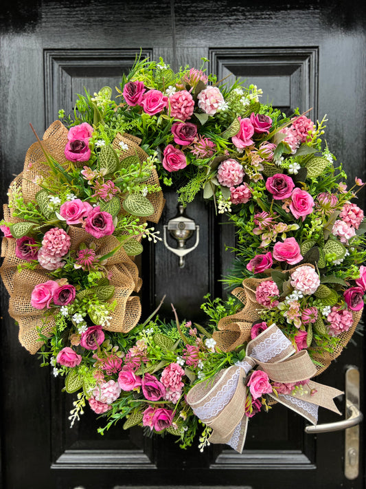 65cm VINTAGE PINKS RUSTIC MESH DELUXE MIXED FOLIAGE ANY SEASON WREATH