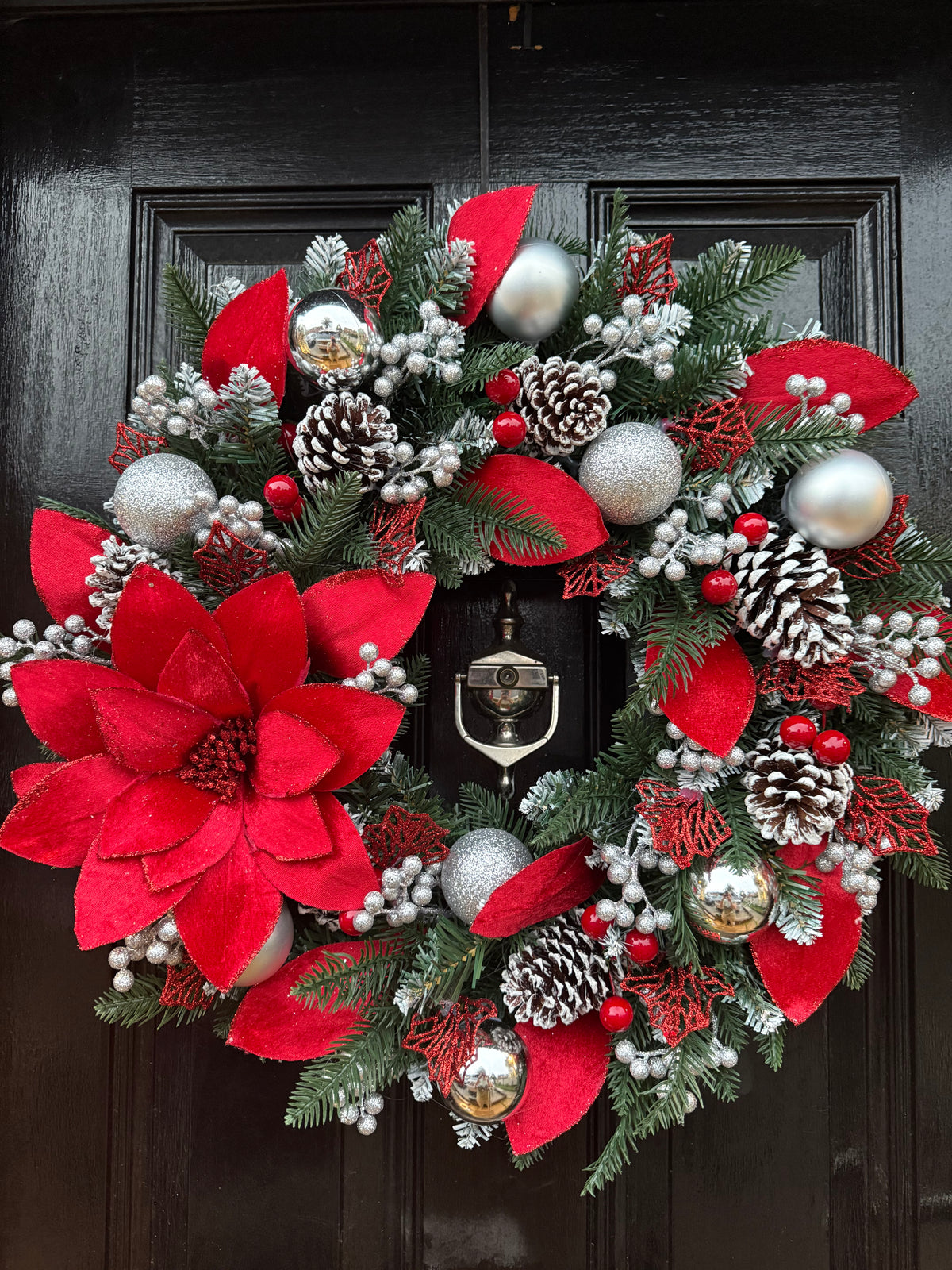 60cm FROSTED DELUXE RED & SILVER  GLITTER POINSETTIA BAUBLE CONE WREATH