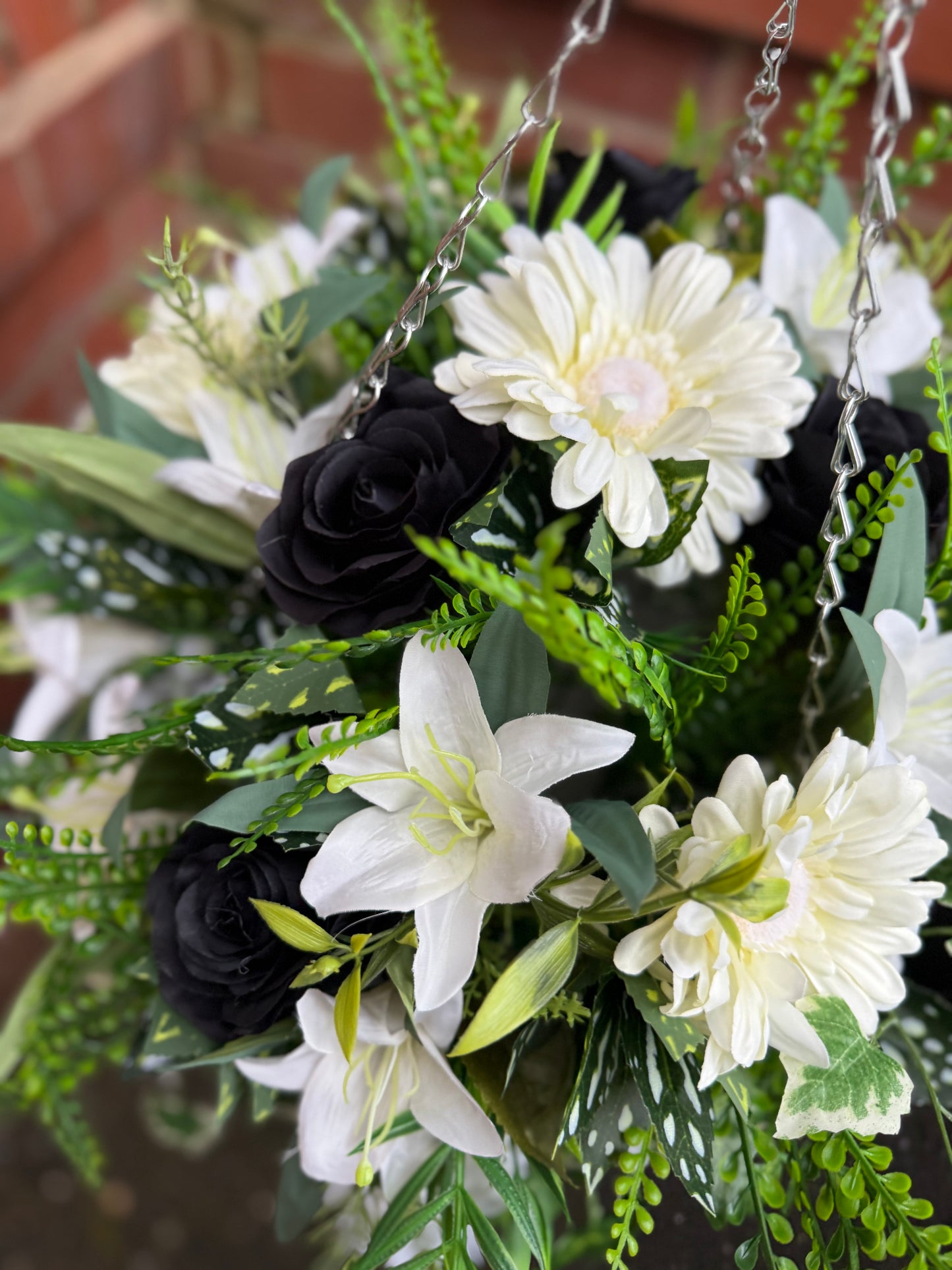 12INCH DELUXE CONE HANGING BASKET BLACK ROSE, LILY & GERBERA MIX