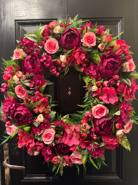 *MADE TO ORDER APRROX 10 WORKING DAYS FOR DESPATCH*** 65cm DELUXE DEEP PINKS MIX FOLIAGE WREATH