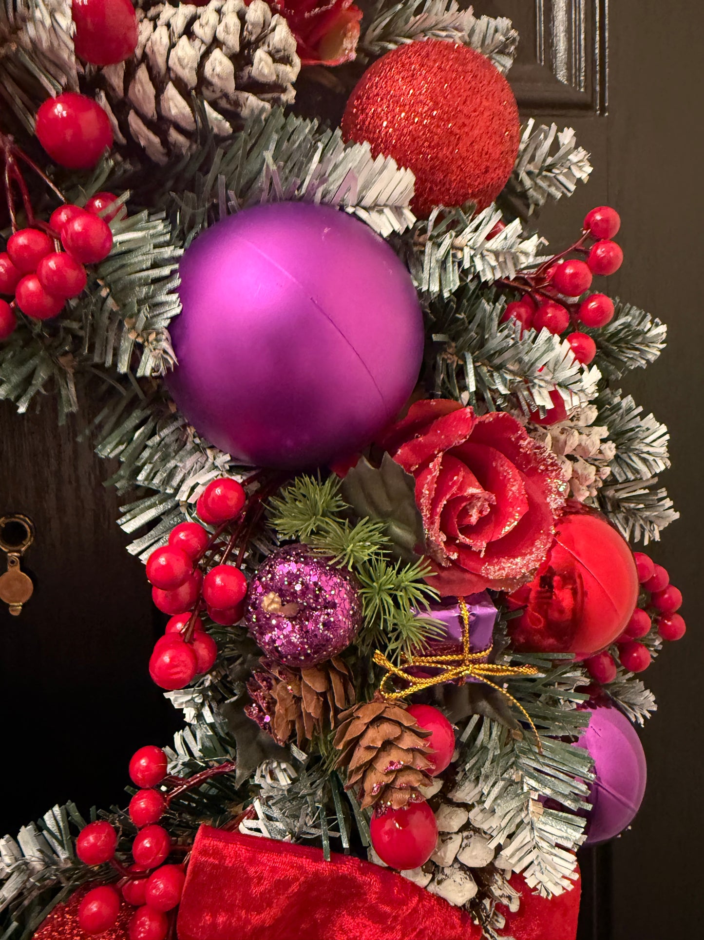 60cm DELUXE FOLIAGE FROSTED BERRY BAUBLE WREATH PURPLE RED - IMMEDIATE DESPATCH