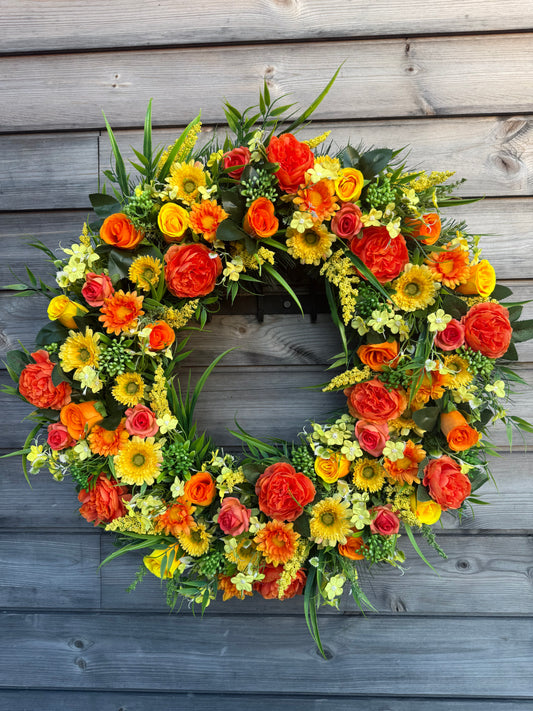 65cm MIXED SPRING/SUMMER FOLIAGE YELLOW ORANGE MIXED DELUXE WREATH