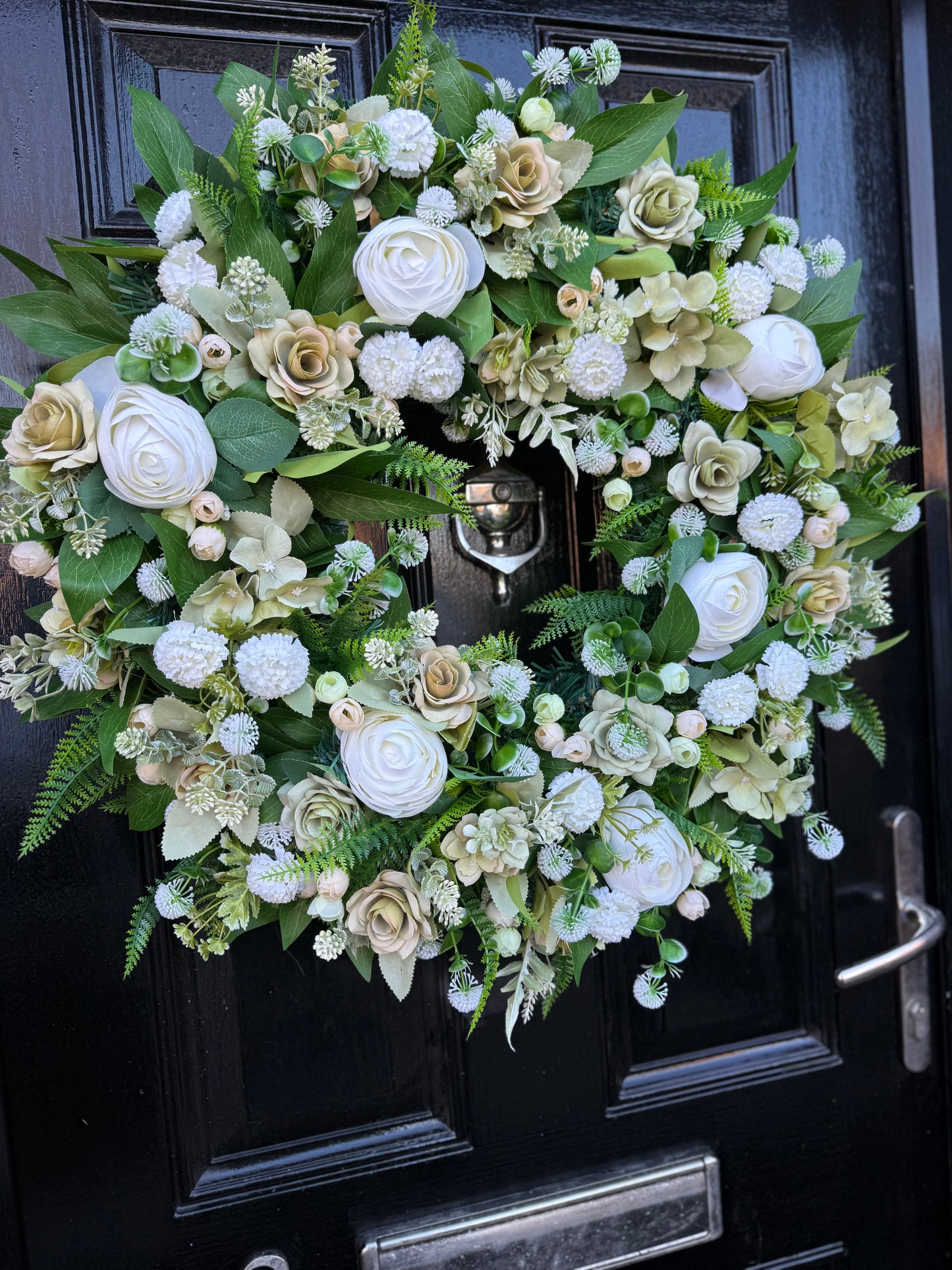 65cm DELUXE IVORY PEONY / SAGE GREEN MIXED FOLIAGE WREATH