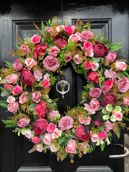 65cm DELUXE DEEP PINKS MIXED FOLIAGE ANY SEASON WREATH