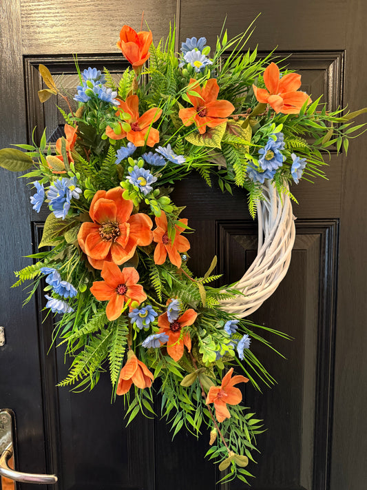 NEUTRAL FOLIAGE TEAL / ORANGE MAGNOLIA ALL SEASON WICKER WREATH