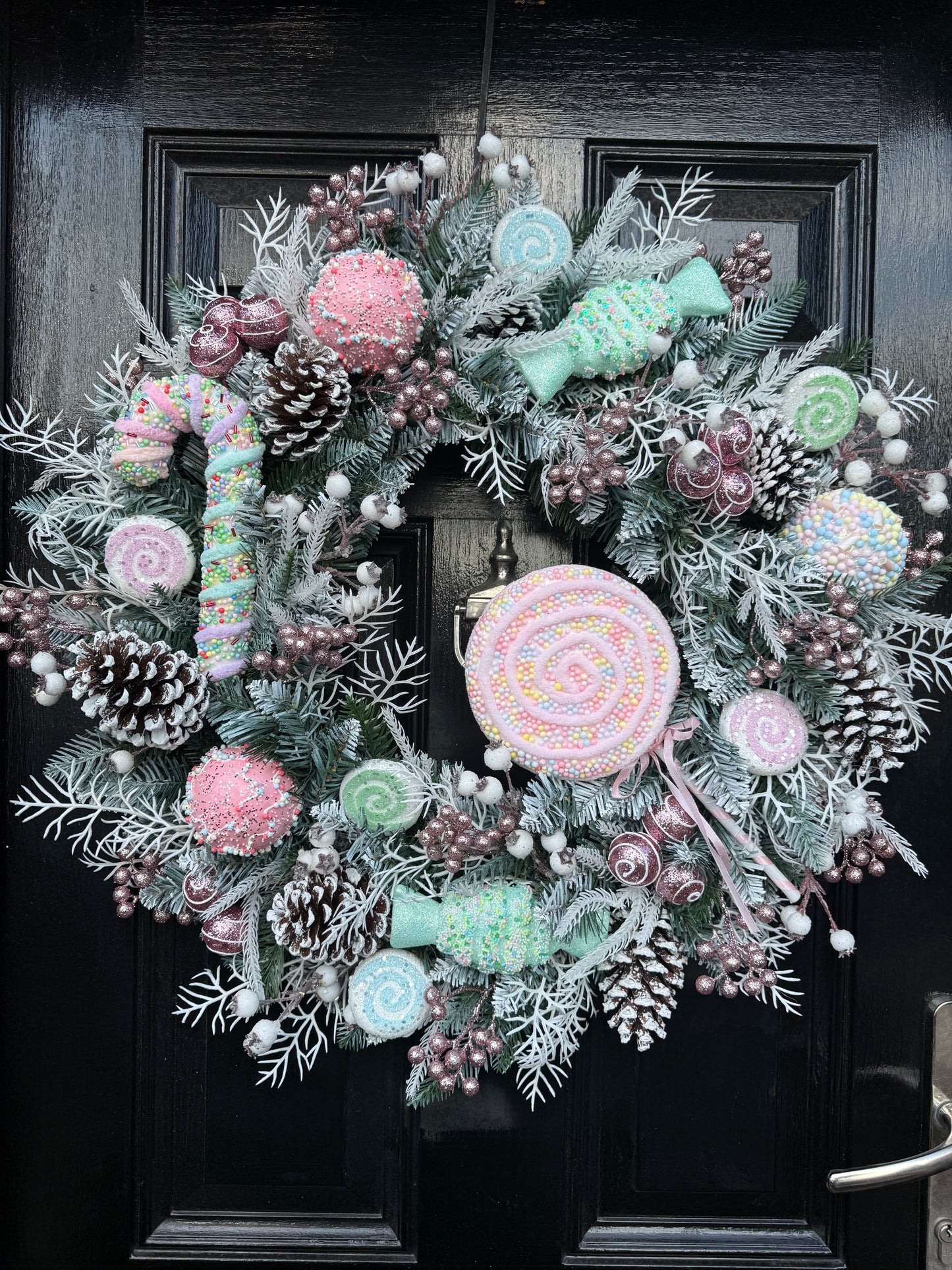60cm FROSTED PASTEL CANDY CANE MIXED WREATH - IMMEDIATE DESPATCH