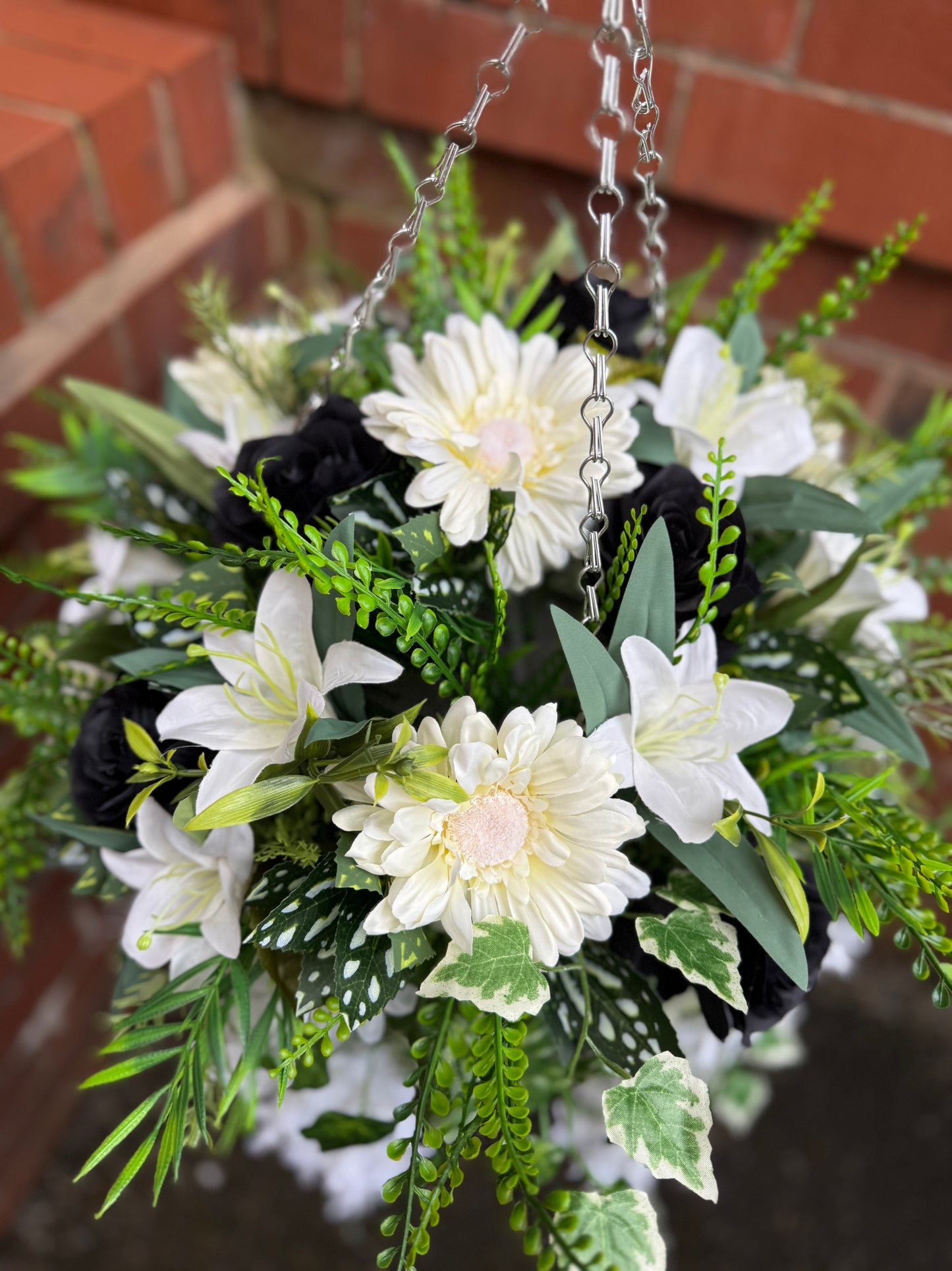 12INCH DELUXE CONE HANGING BASKET BLACK ROSE, LILY & GERBERA MIX