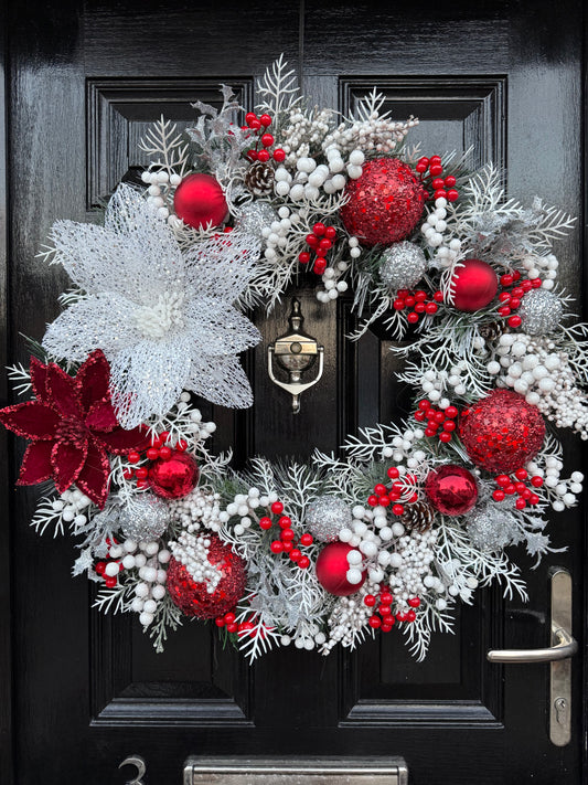 65cm DELUXE WINTER WONDERLAND FROSTED BERRY DOUBLE POINSETTIA WREATH