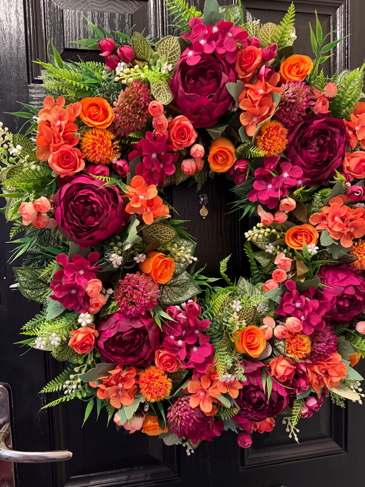 65cm DELUXE DEEP PINKS / ORANGE MIX FOLIAGE WREATH