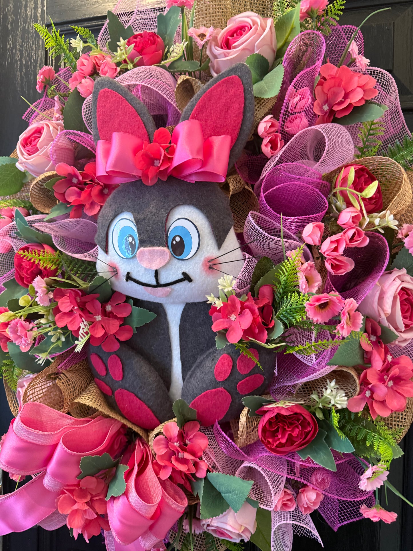 GIANT DELUXE HOT PINK BUNNY FOLIAGE FLOWER EASTER WREATH