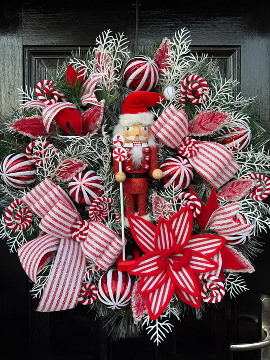 65cm FROSTED CANDY CANE NUTCRACKER MIXED WREATH - IMMEDIATE DESPATCH