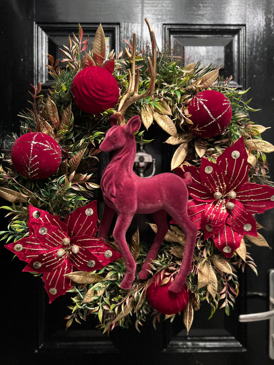 65cm DELUXE WREATH BURGUNDY/GOLD STAG - IMMEDIATE DESPATCH