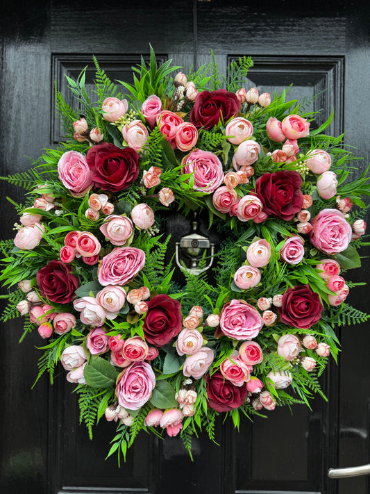 60cm DELUXE THICK FOLIAGE AND MIXED MIXED PINK / BURGUNDY RANUNCULUS ROSE WREATH