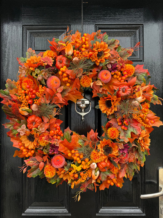 65cm DELUXE ORANGE PUMPKIN WOODLAND MIXED FOLIAGE AUTUMN WREATH