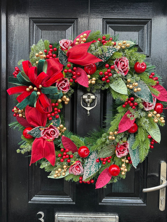 65CM DELUXE FOLIAGE RED/GREEN/GOLD TRADITIONAL FLOWER BURST  WREATH - IMMEDIATE DESPATCH
