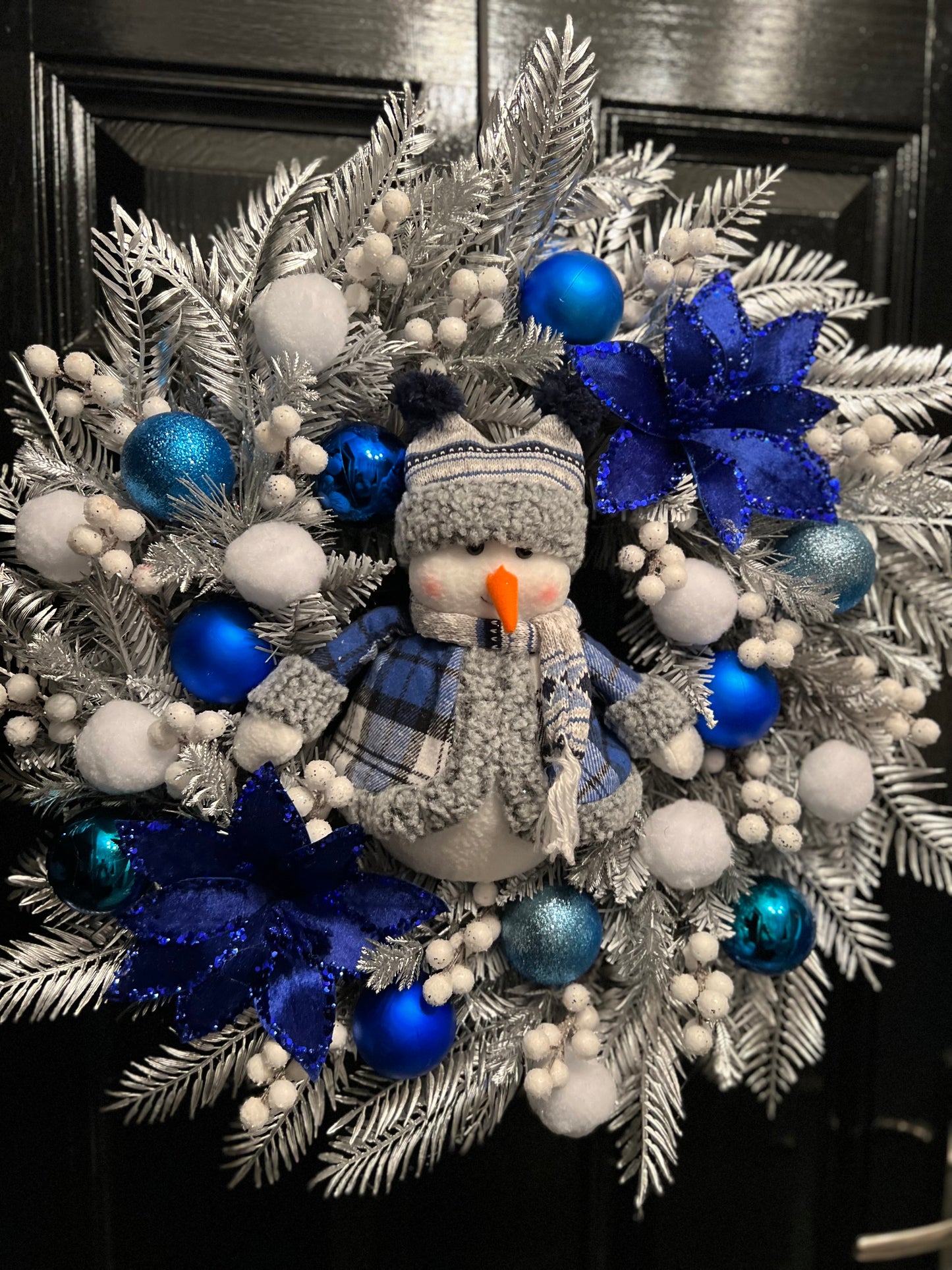 60cm SNOWMAN SNOWBALL BLUE/SILVER DELUXE WREATH - IMMEDIATE DESPATCH